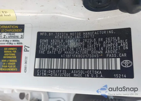 2012 Toyota Camry Se z USA, uszkodzony, nr VIN 4T1BF1FK8CU175045